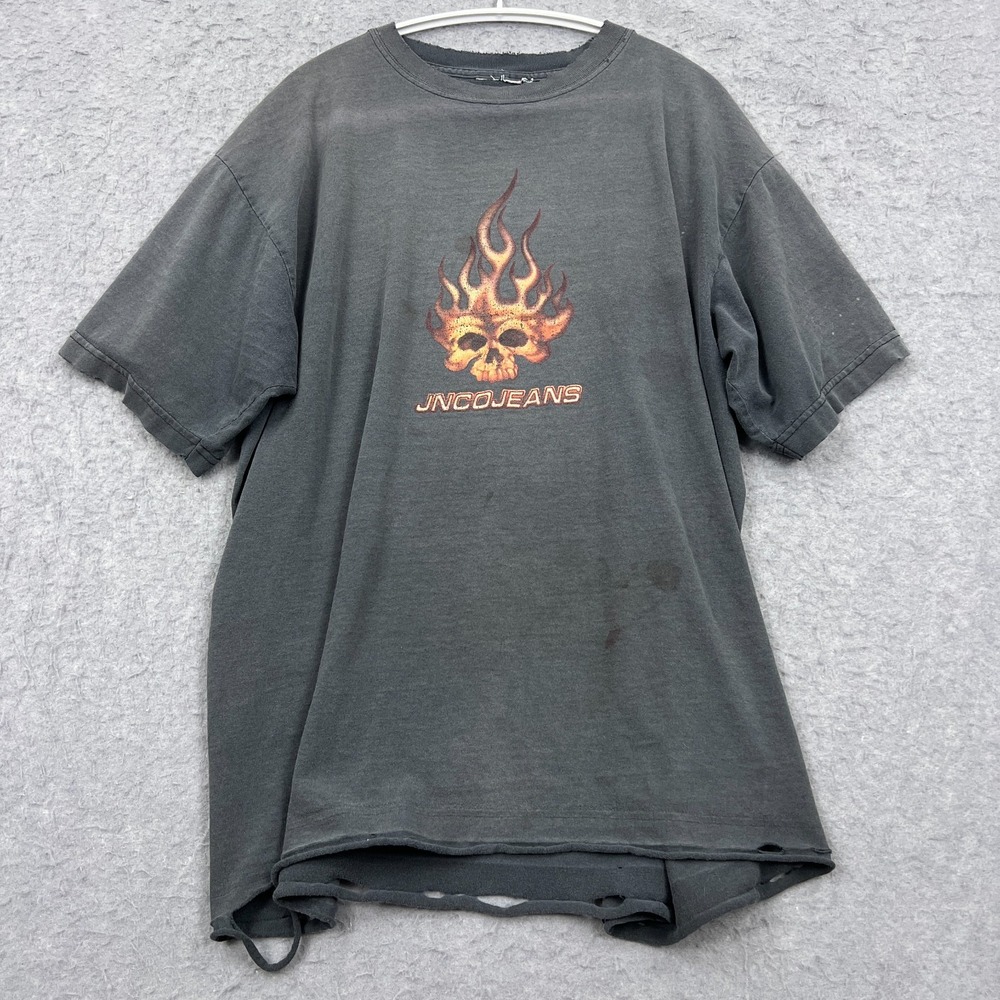 VTG JNCO Jeans Shirt Mens XL Black Thrashed Grunge Skull Flames Made‎ In USA Y2K
